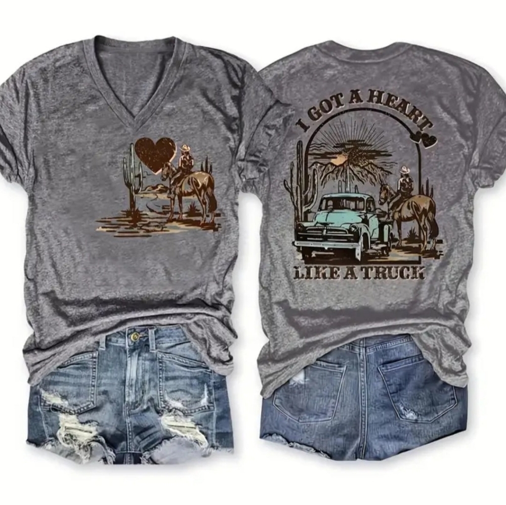 NWT Gray V-Neck T-Shirt with Cowboy Graphic